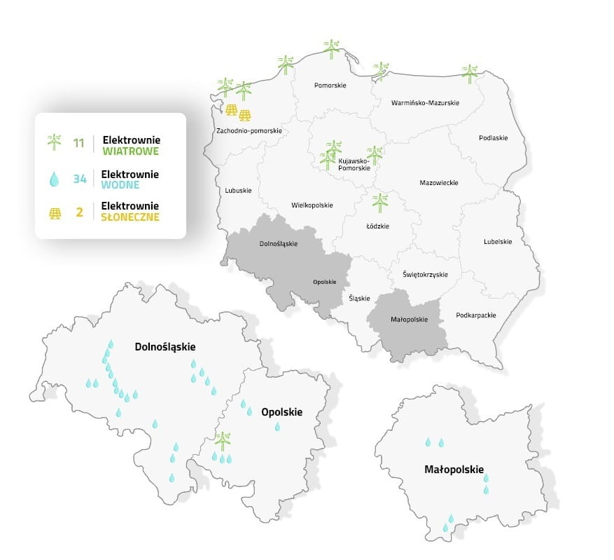 Mapa Polski z zaznaczonymi lokalizacjami elektrowni należących do TAURON Ekoenergia