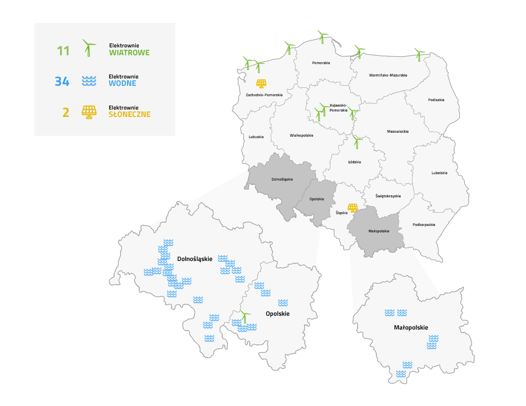 Zarys Polski z zaznaczonymi elektrowniami należącymi do TAURON Ekoenergii