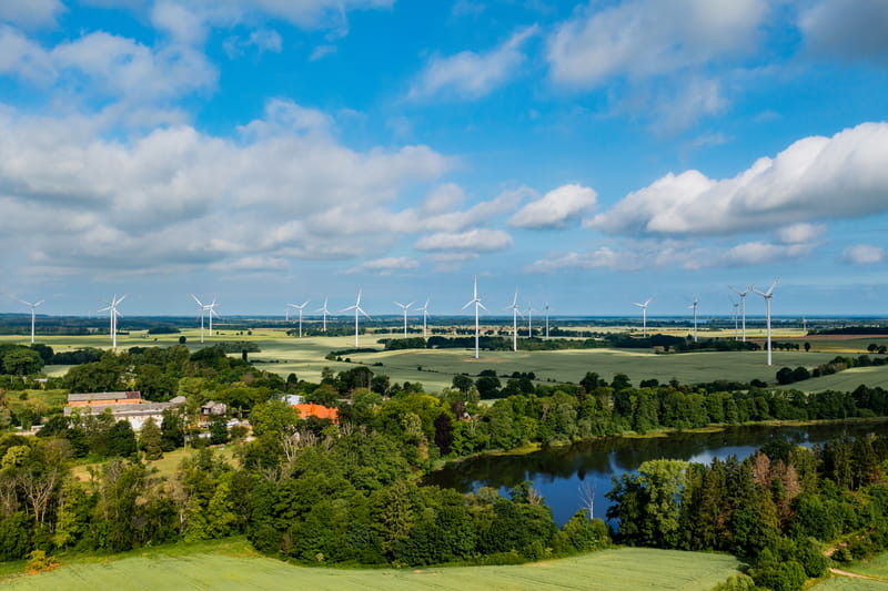 Widok na pole z wiatrakami oraz domy w Marszewie